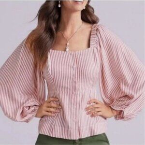 cabi Red White Striped Square Neck Long Puff Sleeve Top Small